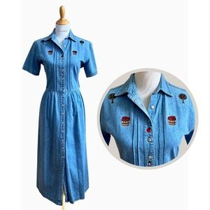 Vintage Northern Treasures Cotton Chambray Embroidered Apple Picking Midi Dress